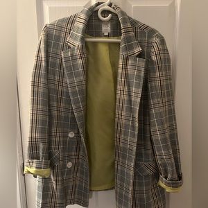 Twik Plaid Pattern Blazer with lime green interior